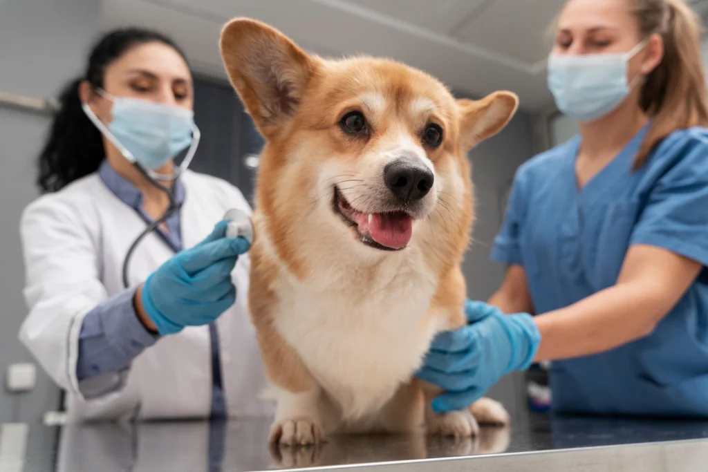 Profissionais veterinárias que não foram formadas em Medicina Veterinária EAD atendendo um cachorro.