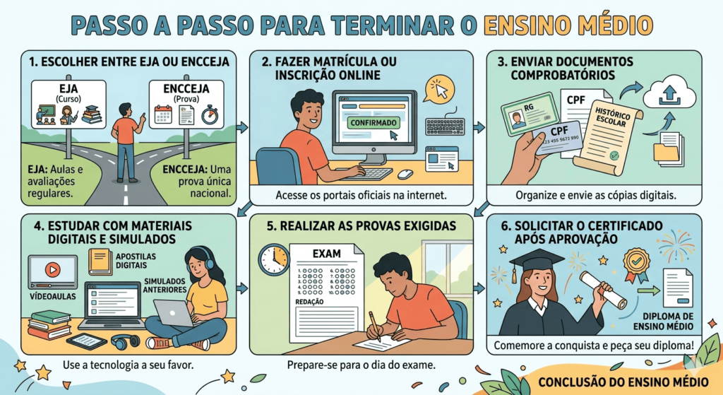 Ilustração com o passo a passo para terminar o ensino médio pelo EJA ou Encceja.