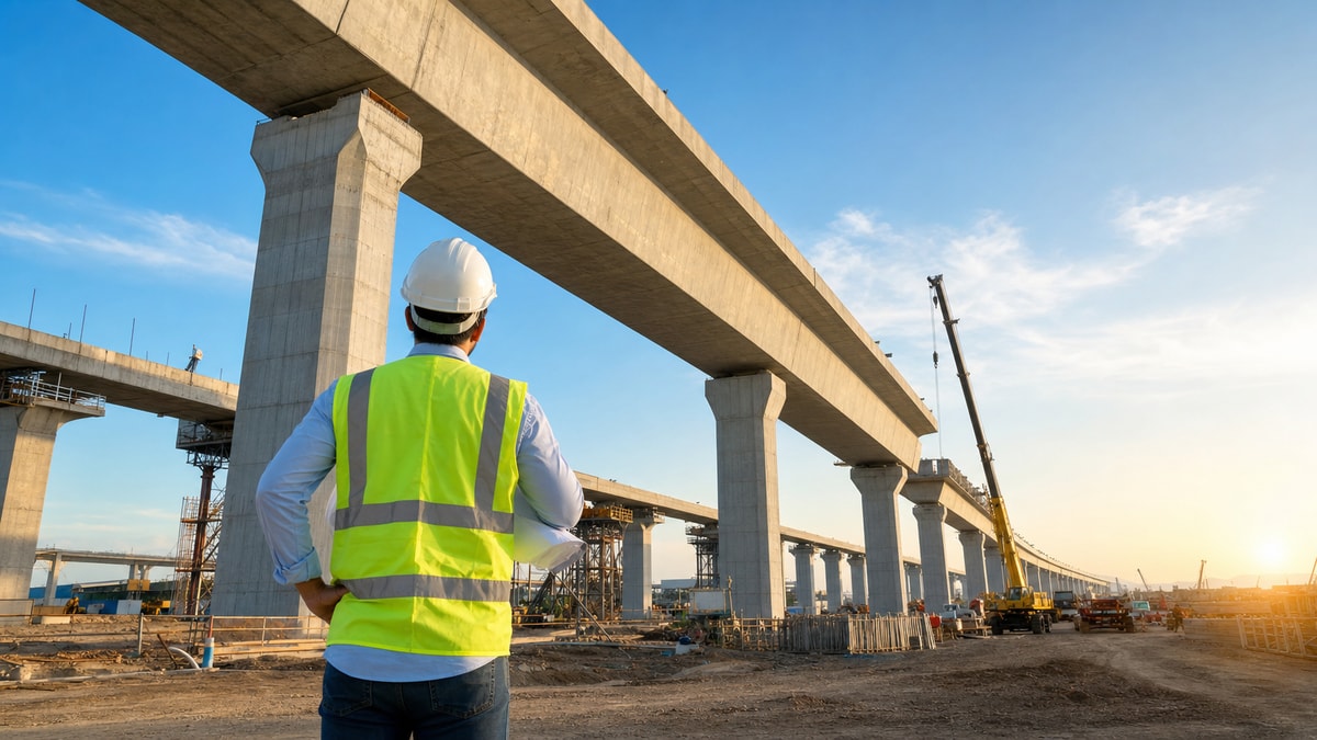 Atuação de engenheiro civil em obras de infraestrutura Profissional com equipamento de segurança avaliando estrutura de concreto em canteiro de obras de infraestrutura urbana.