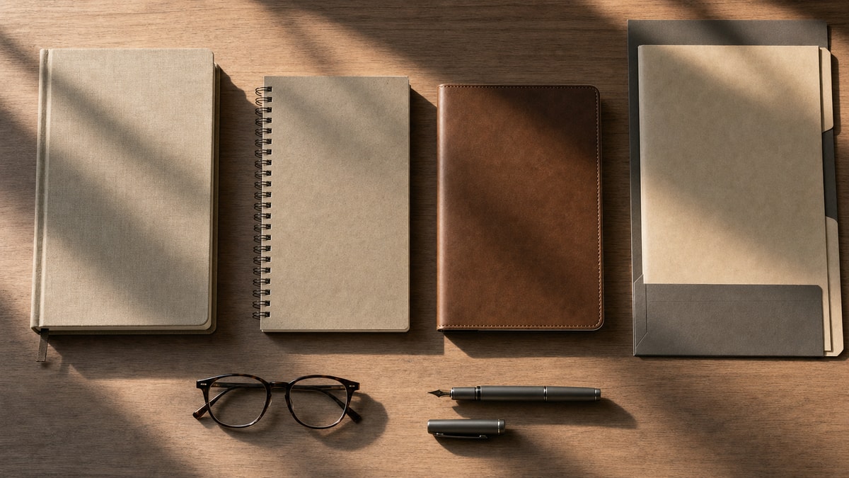 Comparação entre caminhos de formação Mesa de trabalho com cadernos de anotações, caneta e pastas organizadas para planejamento de formação acadêmica.