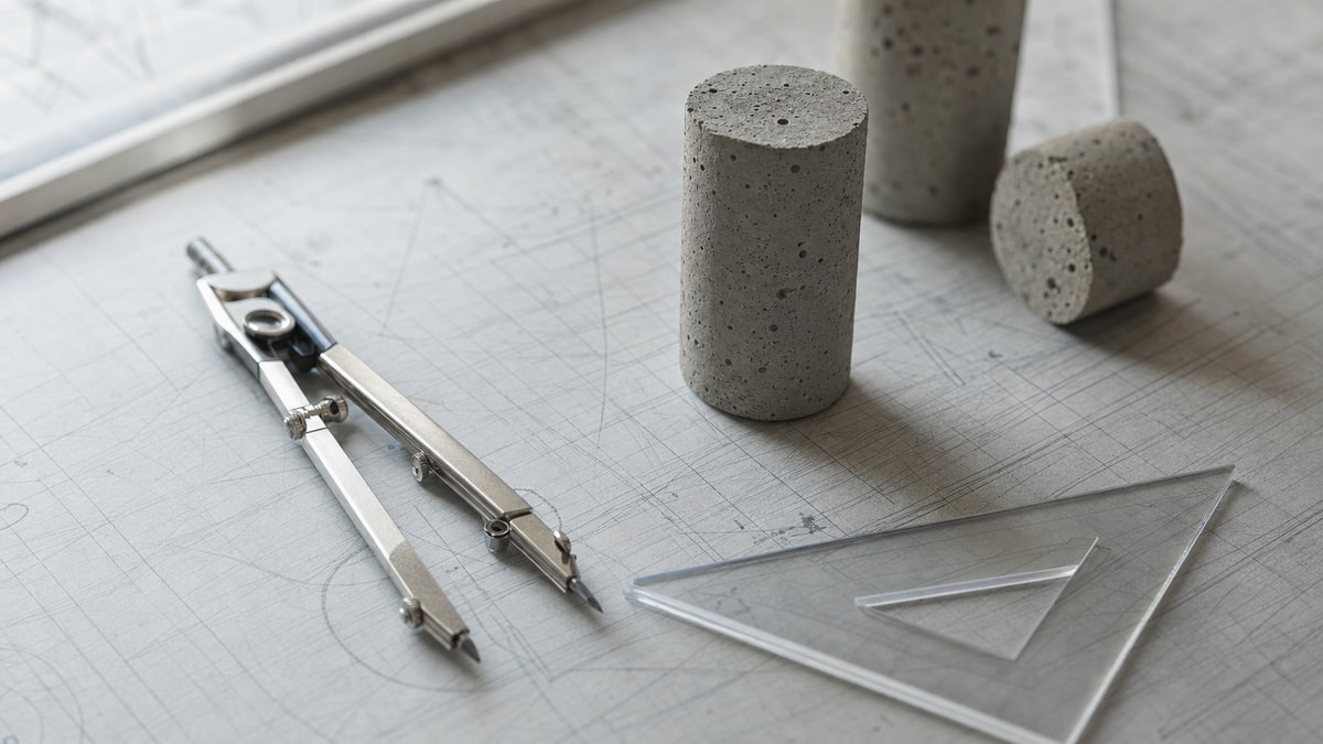 Disciplinas técnicas e cálculo em Engenharia Civil Instrumentos de desenho técnico, esquadro, compasso e corpos de prova de concreto sobre mesa de prancheta.
