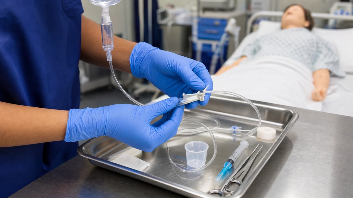 Treinamento prático em laboratório de Enfermagem Mãos enluvadas de estudante de enfermagem manuseando equipamentos em aula prática de laboratório de simulação clínica.
