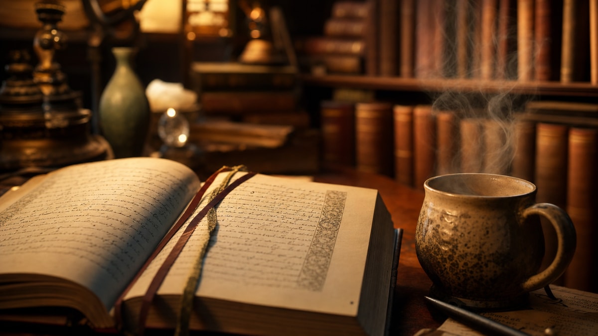 Núcleo de estudo teórico em psicanálise Livros teóricos e anotações em ambiente de leitura com iluminação quente para estudo de conceitos.