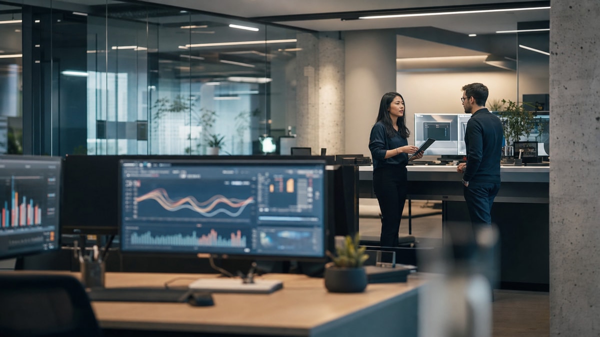 Ambiente profissional de tecnologia e gestão de dados Estação de monitoramento com múltiplos monitores em escritório corporativo moderno de tecnologia da informação.
