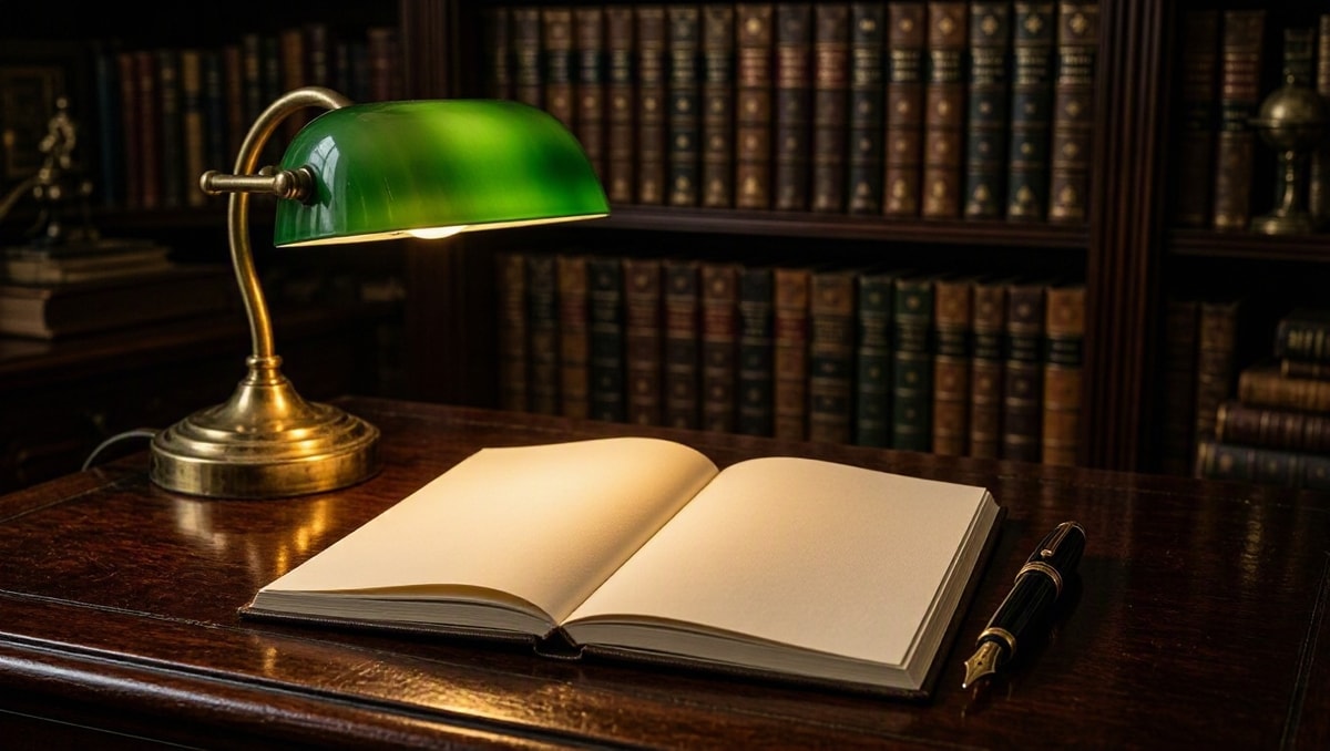 Preparação acadêmica no bacharelado em Direito Mesa de estudo com livros de doutrina jurídica, caderno e luminária em biblioteca tradicional de Direito.