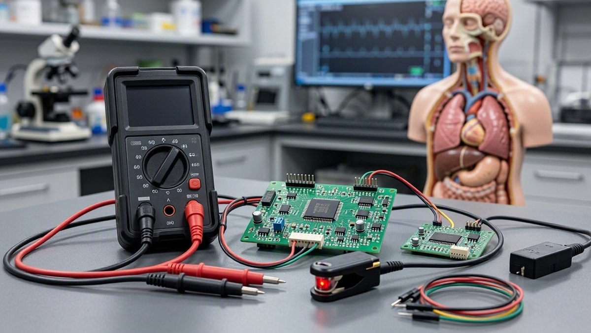 Bancada de laboratório de tecnologia biomédica Bancada de laboratório com instrumentos eletrônicos de teste e componentes de instrumentação biomédica