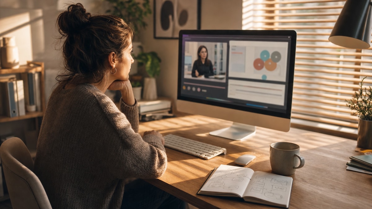 Ambiente virtual de aprendizagem em curso EaD Pessoa estudando em ambiente doméstico organizado com computador de mesa e caderno de anotações.