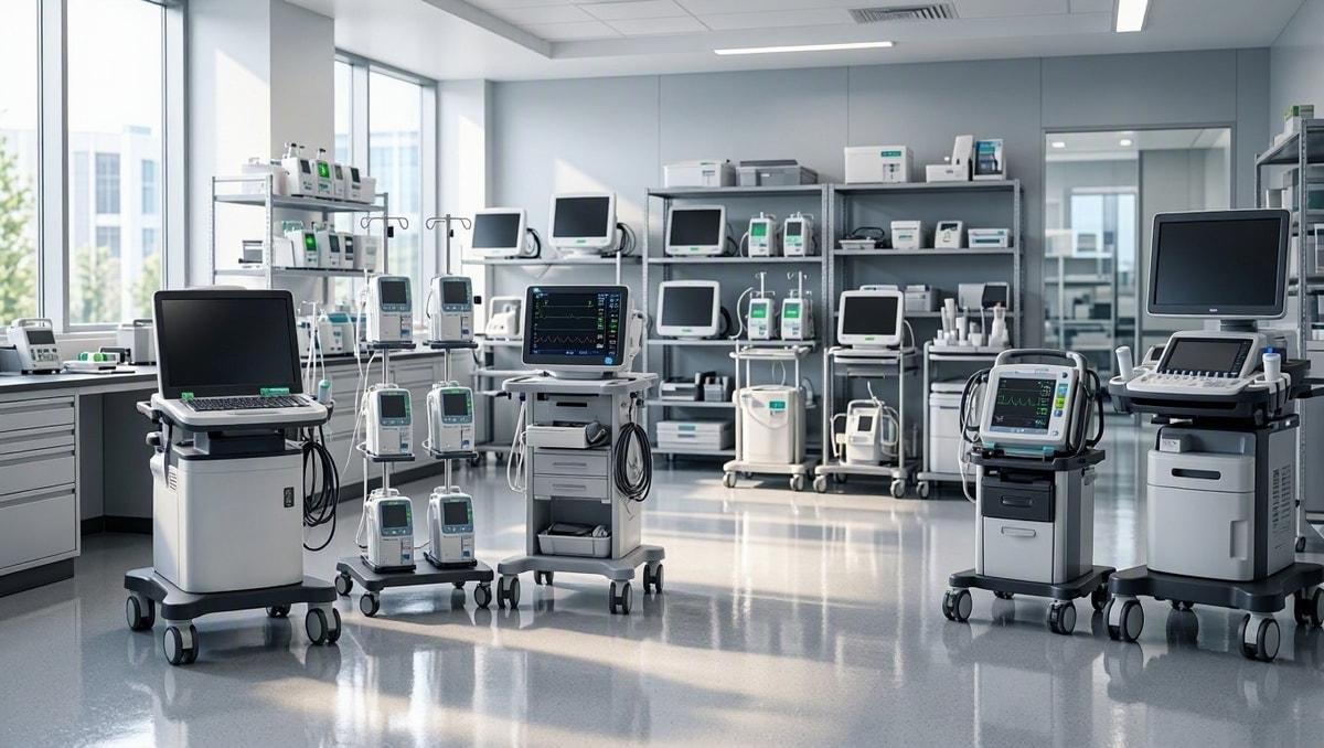 Instalações de suporte técnico e engenharia clínica Setor de engenharia clínica organizado com diversos equipamentos médicos revisados e prontos para uso