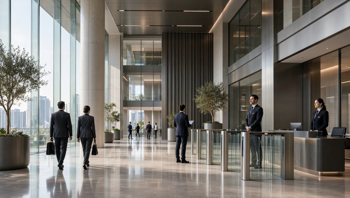 Setor corporativo de segurança privada Saguão amplo de edifício corporativo com catracas de controle de acesso e coordenação de segurança patrimonial.